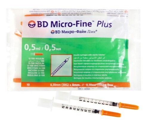 Шприц инсулиновый BD Micro-Fine Plus U-100, 0.5 мл, 30G(0.30х8)мм, шприц в комплекте с иглой, 10 шт.