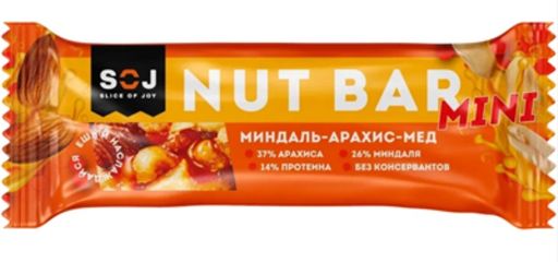 SOJ Батончик ореховый миндаль арахис мед, батончик, 30 г, 1 шт.